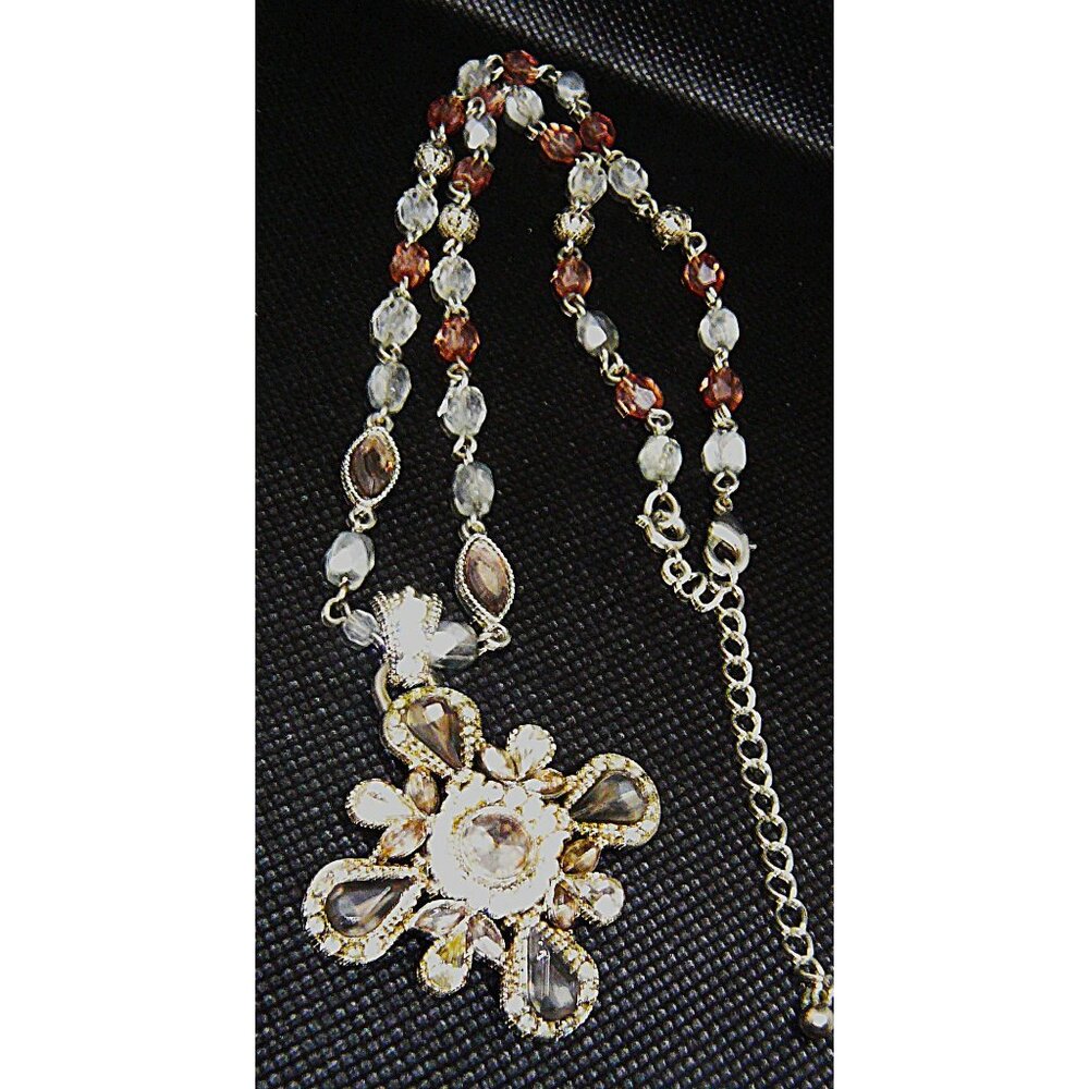 Vtg Silver Tone Clear Smoky Crystal Beaded Necklace Snowflake Cross Pendant Adj